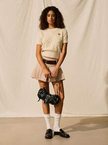 Easelle Cartoon Patched Detail Cable Knit Round Neck Short Sleeve Summer Top - Beige - View 2