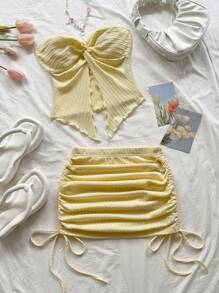 Soleia Women's Beach Holiday Yellow Knitted Texture Bandeau Top With Twist Design And Ruched Drawstring Mini Skirt Set, Suitable For Party, Date, Afternoon Tea, Beach - Yellow - View 6