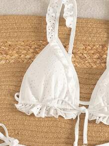 Swim Mod White Hollow Jacquard Fabric Spaghetti Strap Ruffle Heart Pendant Swimsuit Set, Girly Style For Summer Beach Vacation - White - View 5