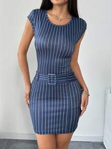 SHEIN LUNE 女式夏季休闲条纹印花扣带紧身迷你连衣裙 - 藍色 - 查看 6
