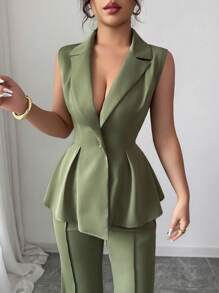 Elenzga Sleeveless Blazer Suit Set, Elegant Romantic Women's Slim Waist Business Suit