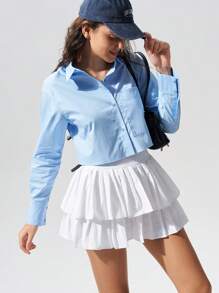 Menodora SHEIN Sport Cloudkiss 100%Cotton Casual Solid Color Woven Cropped Women Button Up Shirt - Dusty Blue - View 6