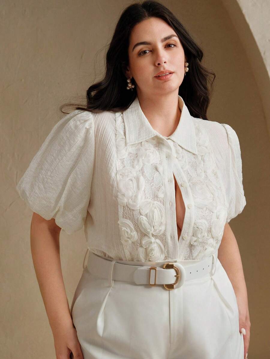 Anewsta Nueva blusa de primavera/verano de estilo francés elegante para dama de oficina, con textura estampada y jacquard