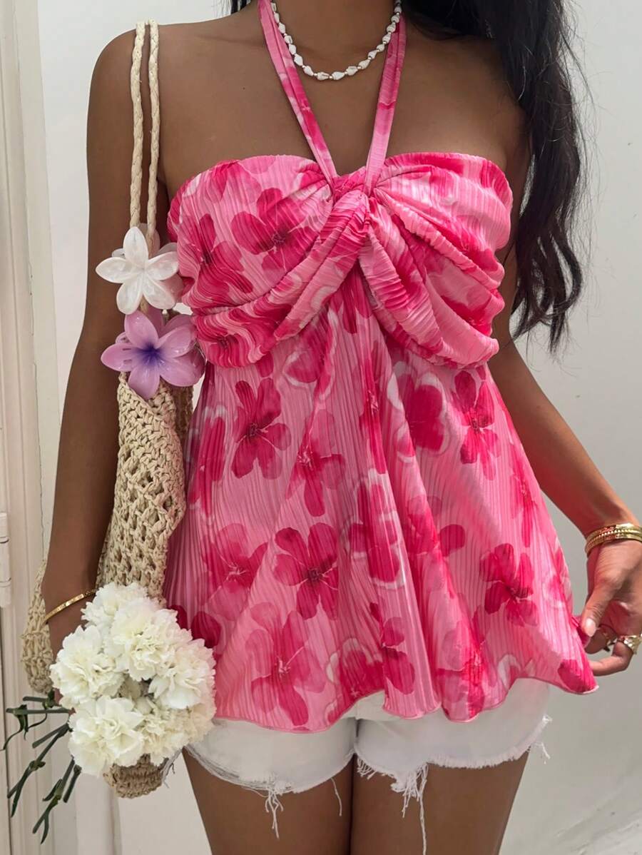 SHEIN EZwear Áo cổ yếm xếp ly họa tiết hoa ngày lễ cho nữ - Màu Hồng  Dưa hấu - Xem 1