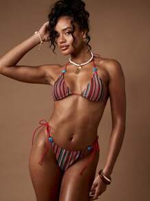 MISSGUIDED Striped Crochet Triangle Bikini Set Beach Swim Tie Side Woven Brazilian Beachwear Summer Vacation Resort Pool Party Swimsuit - Multicolor - View 3