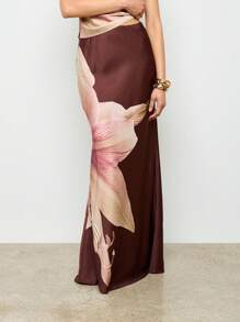 AiiRZ Long Evening Occasion Maxi Skirt Floral Print Satin Bridesmaid Wedding Holiday Party Formal Wear - Brown - View 5