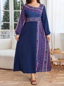 Al Najma Vestido de estilo árabe con diseño asimétrico de estampado, talla grande, modesto