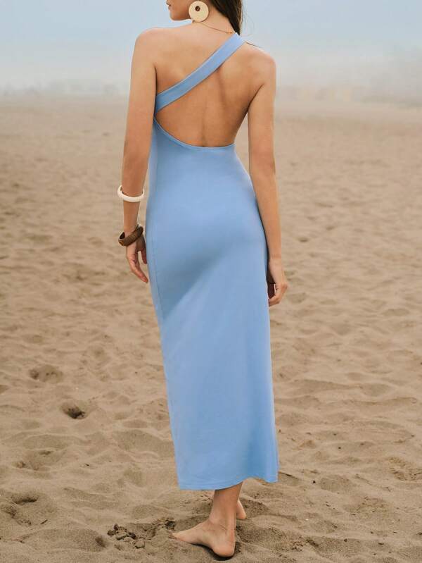 Maija Women's Sexy Backless Sleeveless Beach Dress, Blue Color, Metal Decor Fitted Long Dress For Summer, Beach, Vacation, Birthday, Holiday Backless Summer Dress