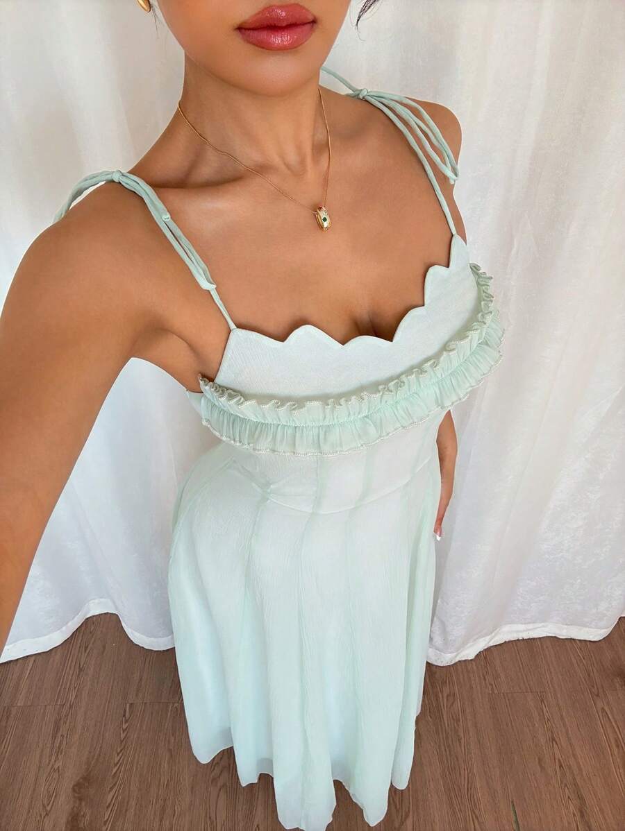 Chiquease Women's Elegant Sheer Chiffon Ruffle Tie Strap Dress, Suitable For Afternoon Tea Gatherings, Vacations, Parties, Daily Wear - Mint Green - View 1