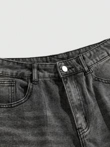 ROMWE MEN Street Life 男士字母印花口袋休闲水钻装饰牛仔短裤 - 黑色 - 查看 4