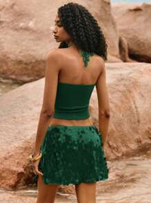 Poéselle Women's Bead Connected Fashionable Halter Neck Tank Top, Summer - Dark Green - View 2