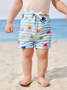 BABY SHARK X SHEIN Baby Boy Striped & Cartoon Print Swim Trunks