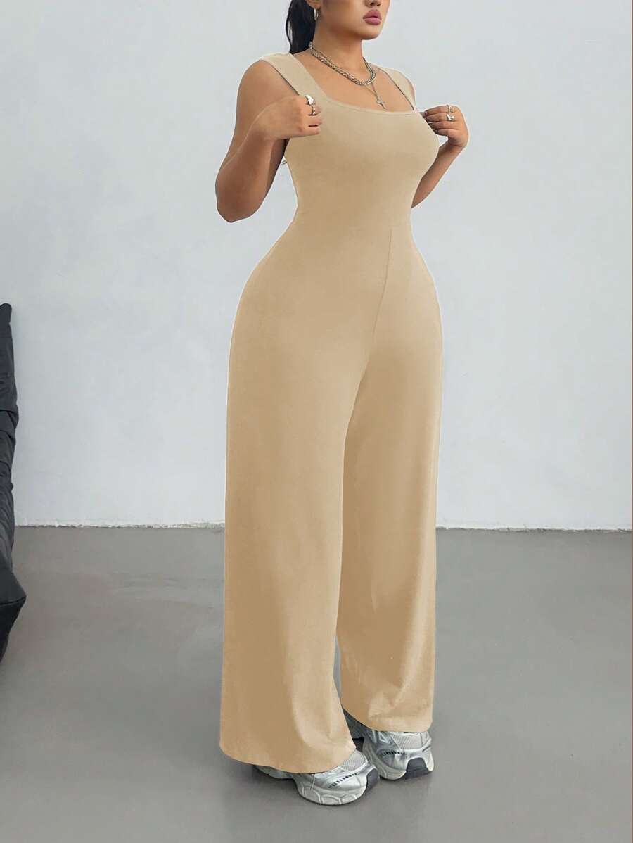 SHEIN MOOSTA 大码春夏女装纯色优雅宽松休闲露肩无袖运动学院风简约休闲方领阔腿连体裤 - 卡其色 - 查看 1