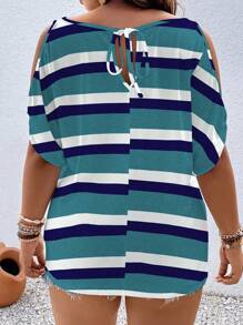 SHEIN LUNE Plus Size Color Block Striped Open Shoulder Short Sleeve Casual T-Shirt, Summer Graphic Tees Women Tops Stripe Topmulticolor Women Blouseswomen Tops Summerstriped Top - Dark Green - View 2