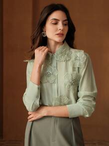 Anewsta Women Collared Long Sleeve Blouse With 3D Pearl Embroidery, Transparent & Sexy Fashionable Modest Spring - Green - View 6
