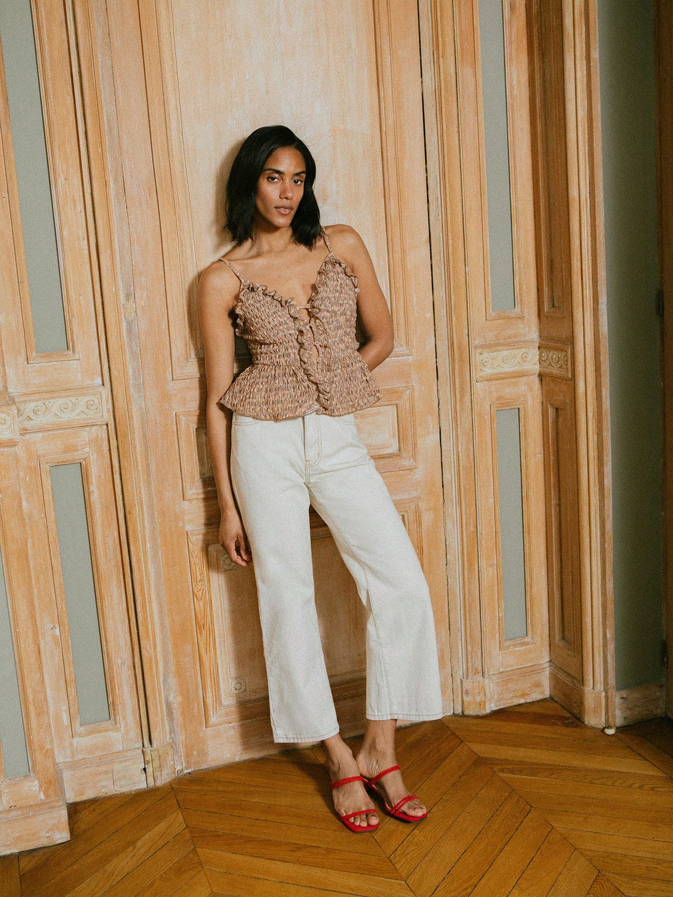Light Brown Textured Cami Top With Ruffles And Front Button Detail Autumn Top Going Out Top Spring Summer
