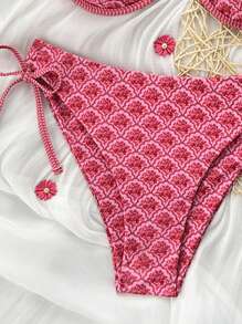 Swim Mod 2 件套女士时尚新款随机印花肩带三角比基尼泳衣，夏季沙滩泳装套装 - 粉色 - 查看 3