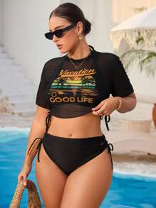 Swim Vcay 3pcs Plus Size Women Tropical Plant Print Cover-Up With Ladies Tank Top & Bikini Beach Swimsuit Set, Vacation/Leisure Fashion For Summer