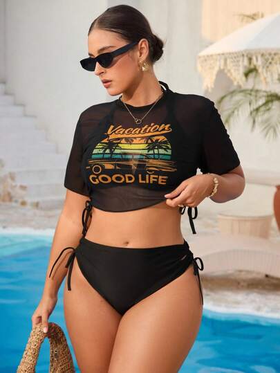 Swim Vcay 3 件加大码女式热带植物印花罩衫，含女士背心和比基尼沙滩泳衣套装，度假/休闲时尚