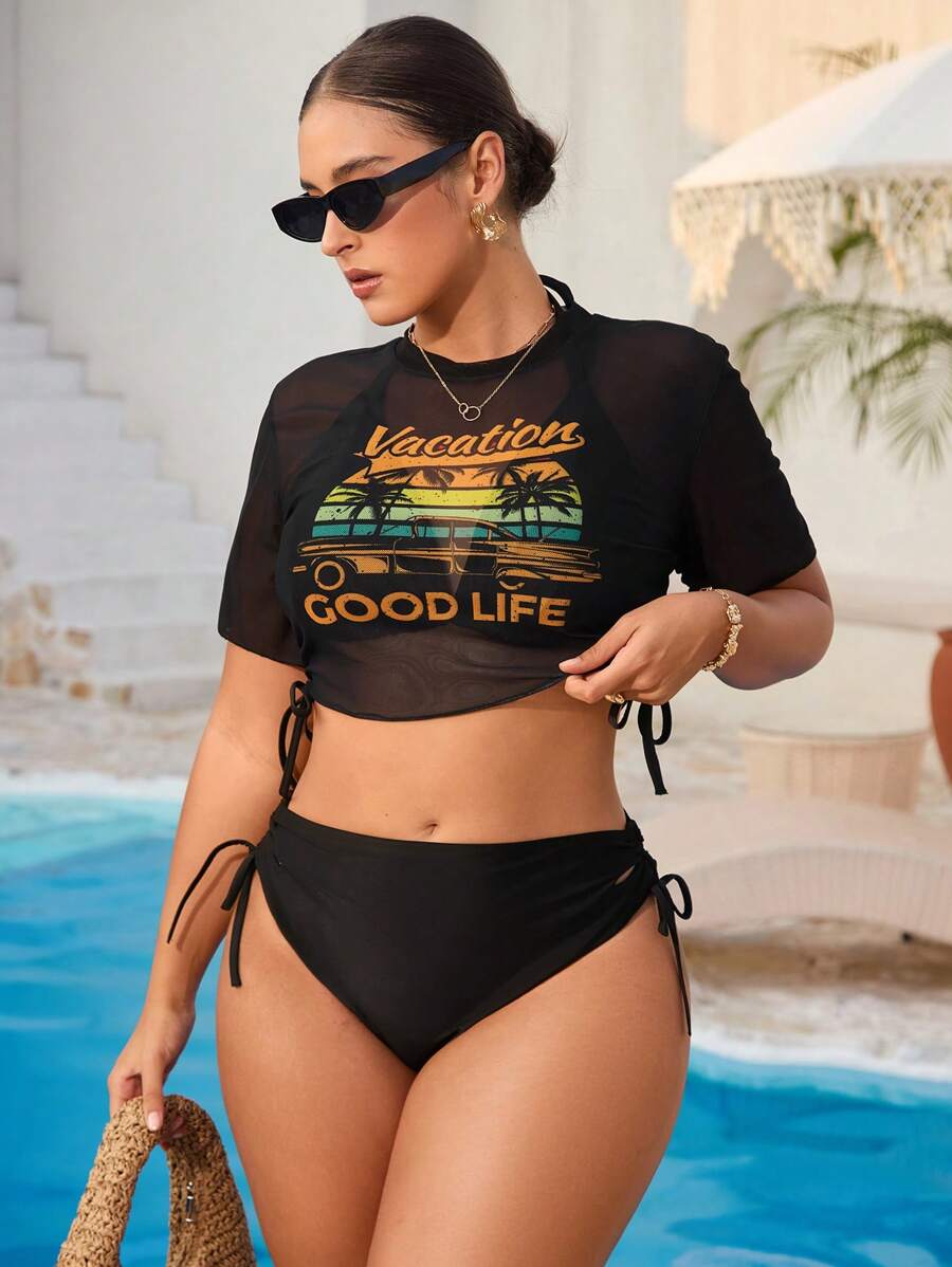 Swim Vcay 3pcs Plus Size Women Tropical Plant Print Cover-Up With Ladies Tank Top & Bikini Beach Swimsuit Set, Vacation/Leisure Fashion For Summer