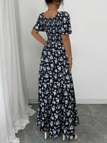 Elenzga 春夏优雅度假休闲泡泡袖方领收腰收褶长款连衣裙 - 彩色 - 查看 2