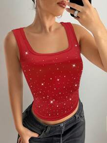 EgrlEra 女士方领全亮片闪光吊带背心 - 紅色 - 查看 5