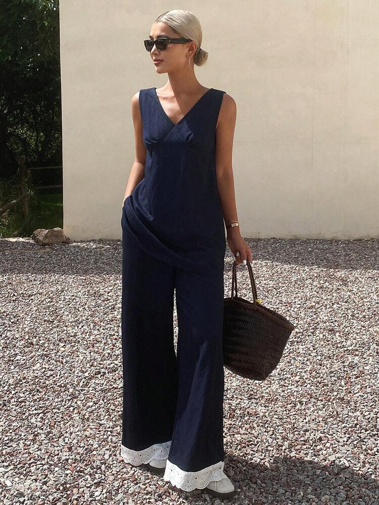 2pcs Women V-Neck Sleeveless Top And Wide Leg Pants Set, Casual Summer Vacation Resort Outfit