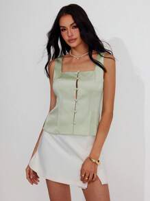 Roylia Women's Summer Viscose Satin Square Neck Button-Up Sleeveless Shirt Blouse - Green - View 4