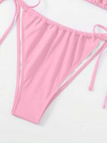 SHEIN Swim Curve طقم بكيني بربطة أمامية للنساء ذوات الحجم الكبير باللون الأحادي، مثير وعصري للاستخدام اليومي والعطلات ال- 2 قطعة - وردي - مشاهدة 4