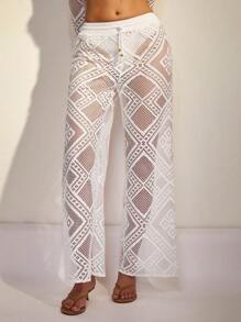COSMINA Women Drawstring Waist Straight Leg Lace Pants - White - View 1