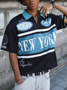 Aesthetic Post 男士字母与花卉印花拼布领时尚 Polo 衫，夏季上衣短款短款上衣男士图案短款 - 彩色 - 查看 4