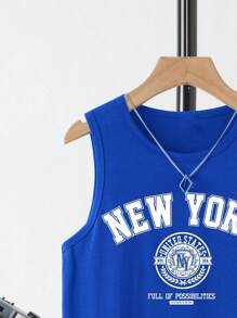 SHEIN Leap Crew 青少年男孩休闲简约无袖背心，适合夏季 - 藍色 - 查看 5