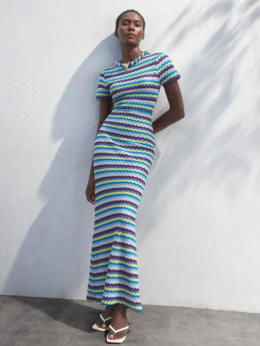 Maija 女士多色三角波浪条纹夏季连衣裙，时尚度假浪漫休闲修身圆领短袖几何波浪提花针织沙滩波西米亚风度假装 - 藍色 - 查看 1