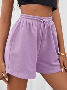 SHEIN EZwear Plus Size Women Drawstring Waist Purple Color Knit Sporty Short Sweatpants, Shorts For Women Comfy, Sweat Shorts Women