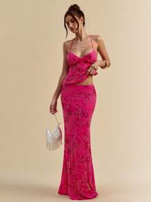 SHEIN BAE Women's Rhinestone Floral Pattern Mermaid Hem Fitted Elegant Skirt - Hot Pink - View 1