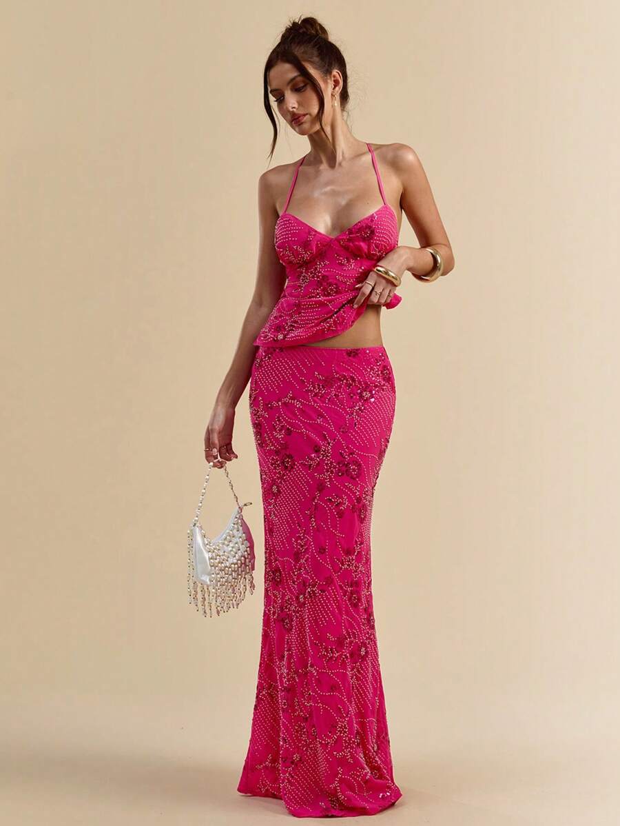 SHEIN BAE Women's Rhinestone Floral Pattern Mermaid Hem Fitted Elegant Skirt - Hot Pink - View 1