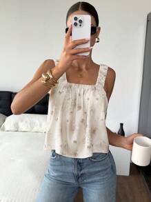 SHEIN Frenchy Damen Sommer Lässig Blumen Muster Ärmelloses Rückenfreies Top - Beige - Übersicht 2