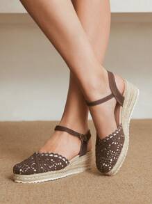 Styleloop Women's Solid Color Hollow Out Platform Sandals With Ankle Strap, Comfortable Casual Sole Wedges