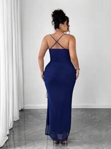 Cravure 大码女式复古性感网眼高开叉抽绳连衣裙 - 藍色 - 查看 2