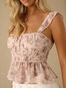 Enchnt 春夏浪漫女士优雅碎花方领收腰背心，休闲舒适，适合生日、节日派对、甜蜜约会、日常通勤、度假、毕业派对等场合，夏季百搭单品 - 杏色 - 查看 2