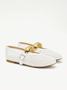 CUCCOO CHICEST 女士夏季新款几何金属扣镂空圆头平底优雅休闲时尚前卫舒适白色网眼女士平底凉鞋、玛丽珍鞋、芭蕾平底鞋，适合下午茶、约会、派对、度假、海滩、夏威夷