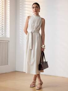 Uhlyne New Summer Commuter Dress, Round Neck Sleeveless Linen Dress With Belt, Tie Waist Loose Plain Elegant Women Midi Dress - Apricot - View 5