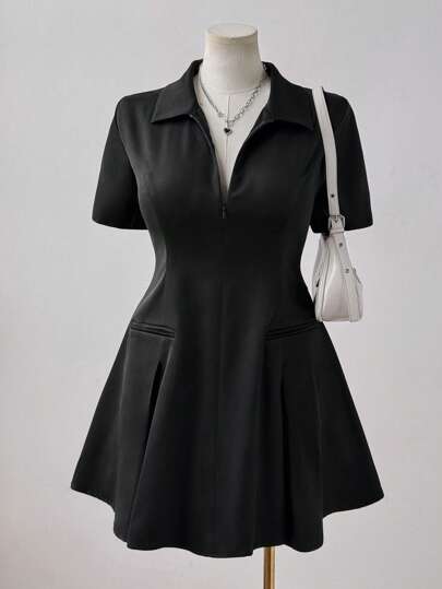 Flirla V-Neck Elegant Short Sleeve College Style Waisted A-Line Dress, Slimming Black Dress For Summer
