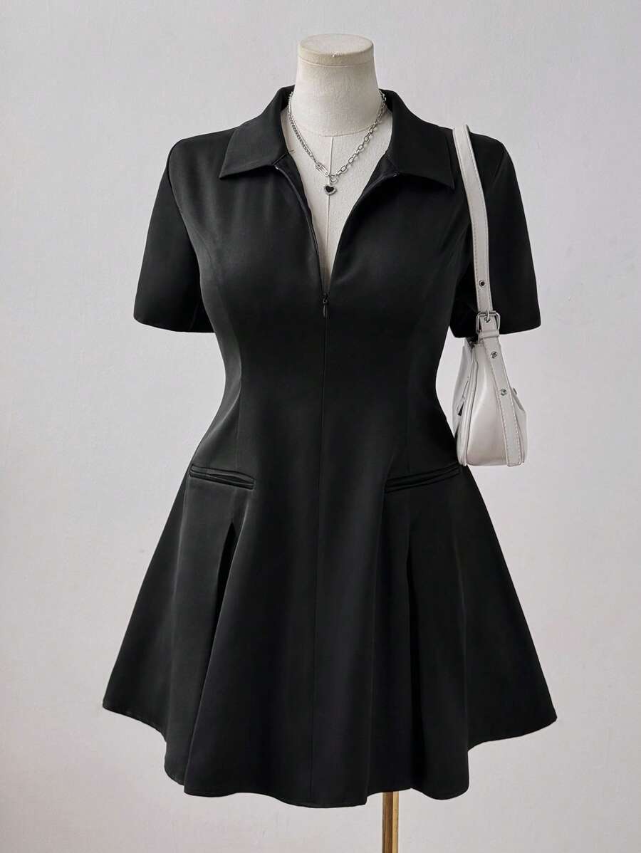 Flirla V-Neck Elegant Short Sleeve College Style Waisted A-Line Dress, Slimming Black Dress For Summer