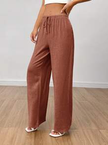 SHEIN PETITE Women's Linen High Waisted Summer Baggy Pants,Fall Women Clothes - Rust Brown - View 5