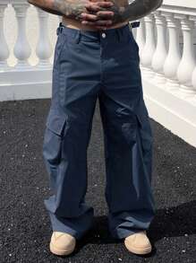 Manfinity Homme Pantalones cargo casuales de corte recto y holgado para hombre, de unicolor con múltiples bolsillos, para otoño - Azul Marino - Ver 3