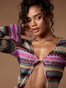 MISSGUIDED Boho Festival Crochet Tie Front Kimono Cardigan Knit Beach Cover Up Long Sleeve Summer Resort Wear - Multicolor - View 5