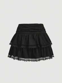 SHEIN MOD 女式夏季休闲纯色蕾丝花边半身裙 - 黑色 - 查看 2