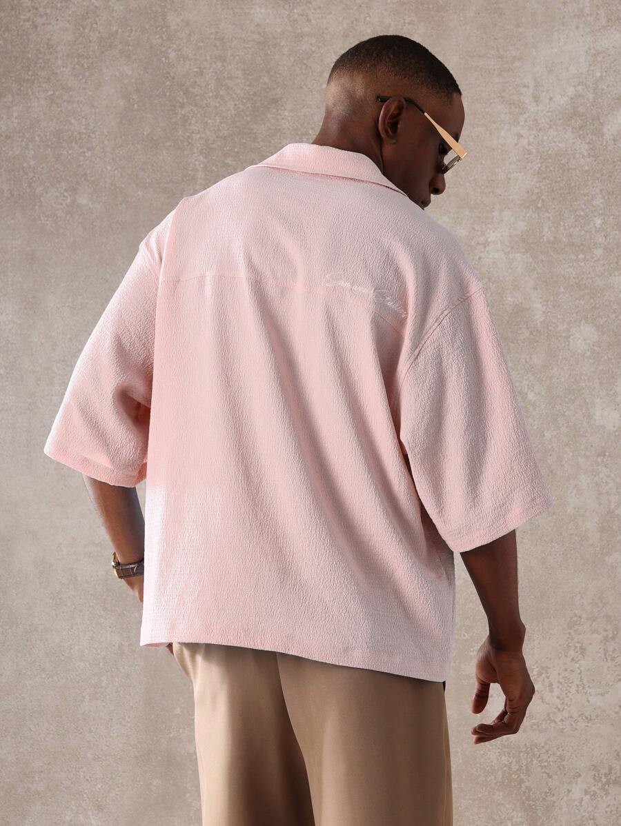 SUMWON Textured Short Sleeve Button Down Casual Resort Shirt Summer Holiday Weekend Lightweight Beach Boxy Fit - Dusty Pink - View 1