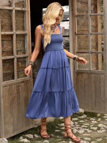 LanaWest Shirred Bodice Ruffle Hem Cami Dress Maxi Women Outfit